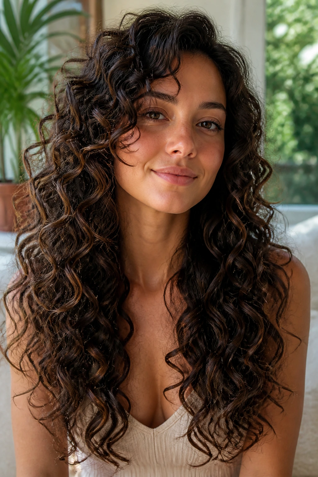 Real person with long curls and internal layers framing the face