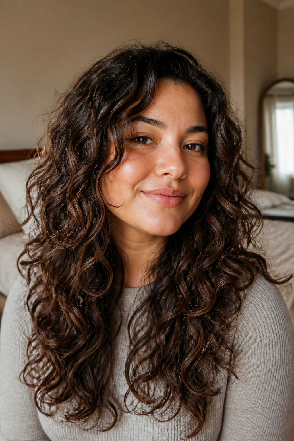 Close-up of a real woman with long curly layered hair framing the face