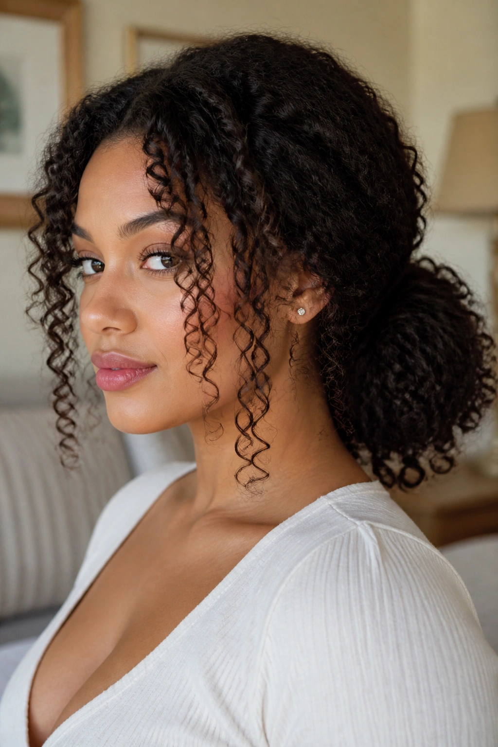 Real woman with long curls and a low puff below the cheek line, front pieces
