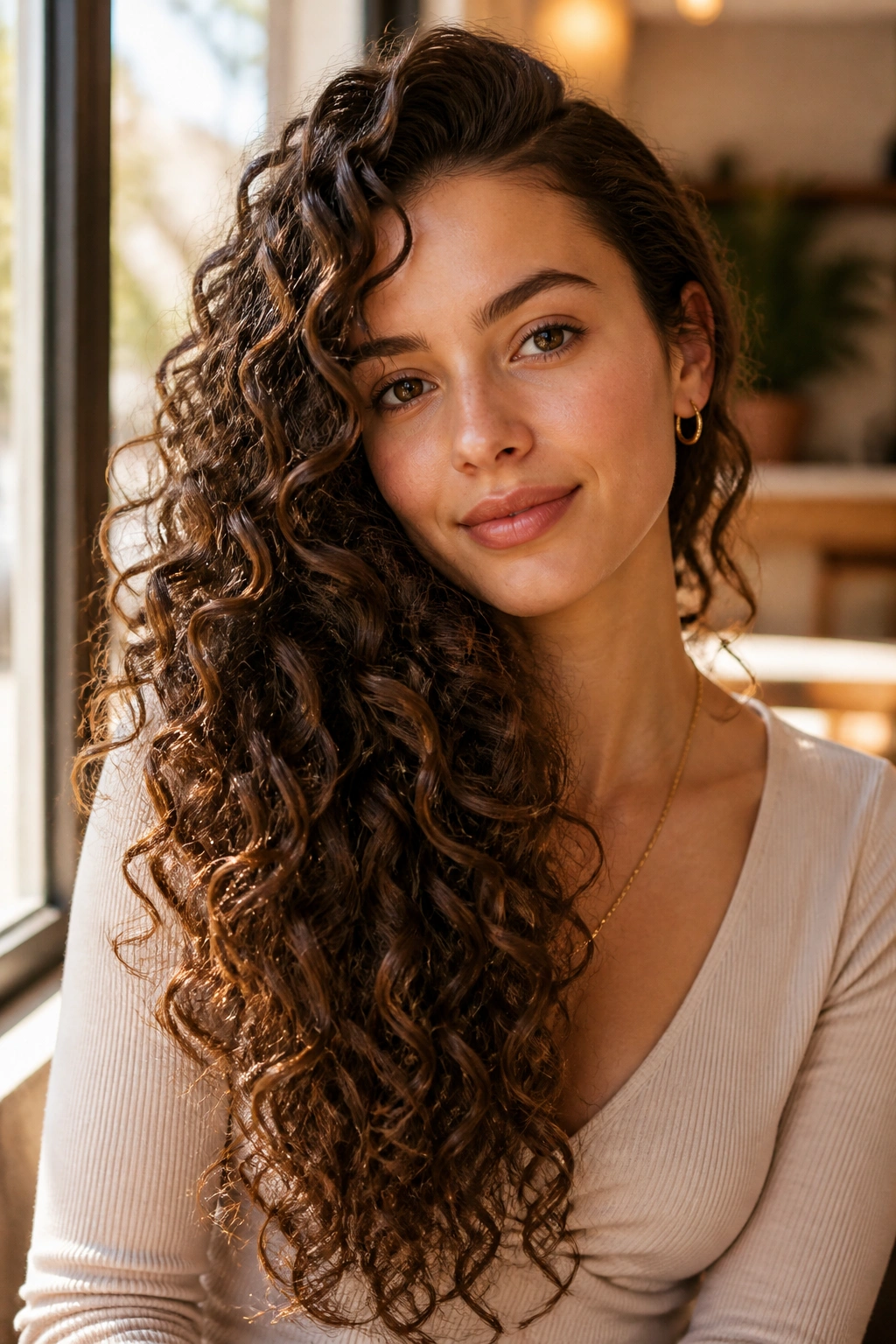 Portrait of a woman with long curls swept over one shoulder
