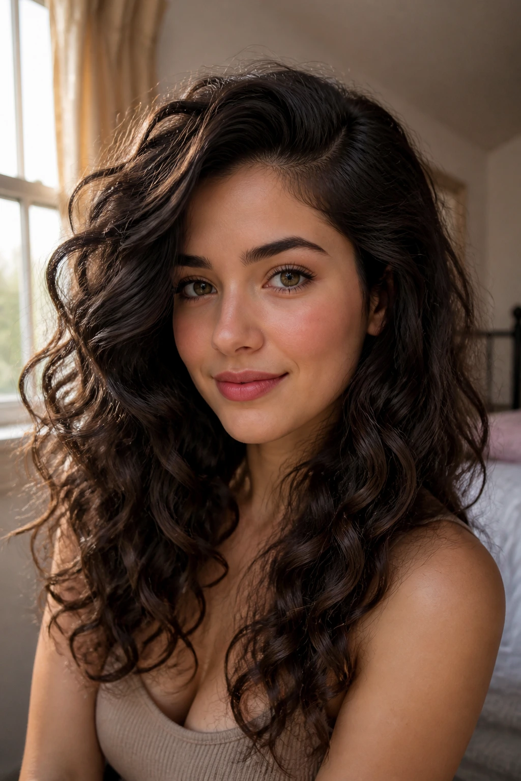 Long curls with a side part on a real person