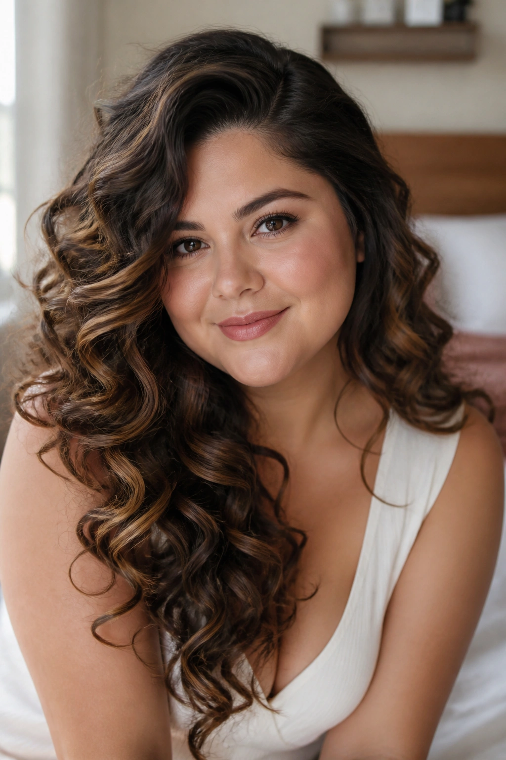 Close-up portrait of a real woman with long curls and a deep side part on round face