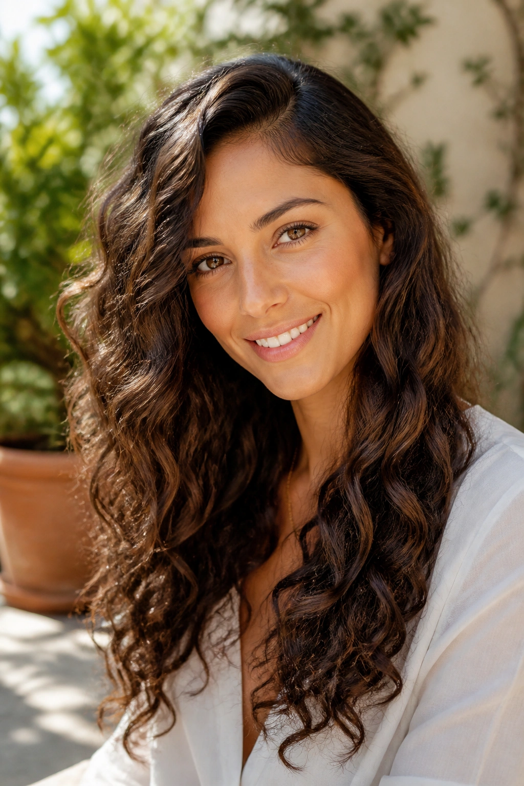 Close-up of a real person with long curls and a side part in a sunlit outdoor setting.