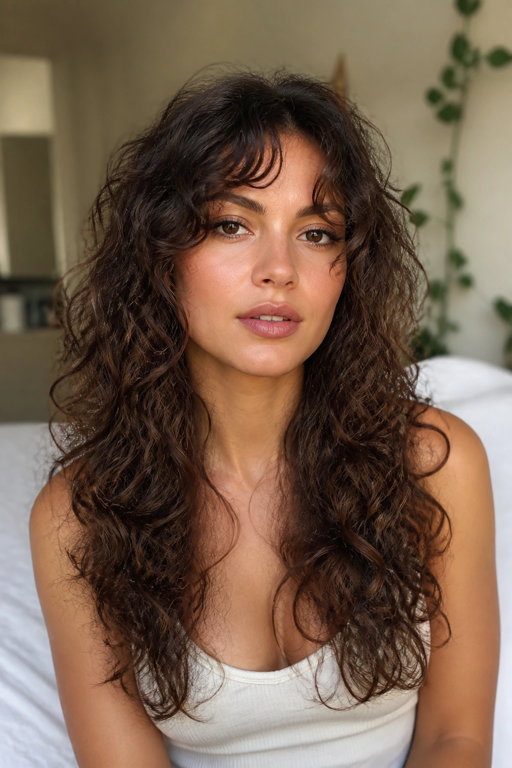 Close-up of a real woman with a long curly shag and wolf cut edge in soft window light