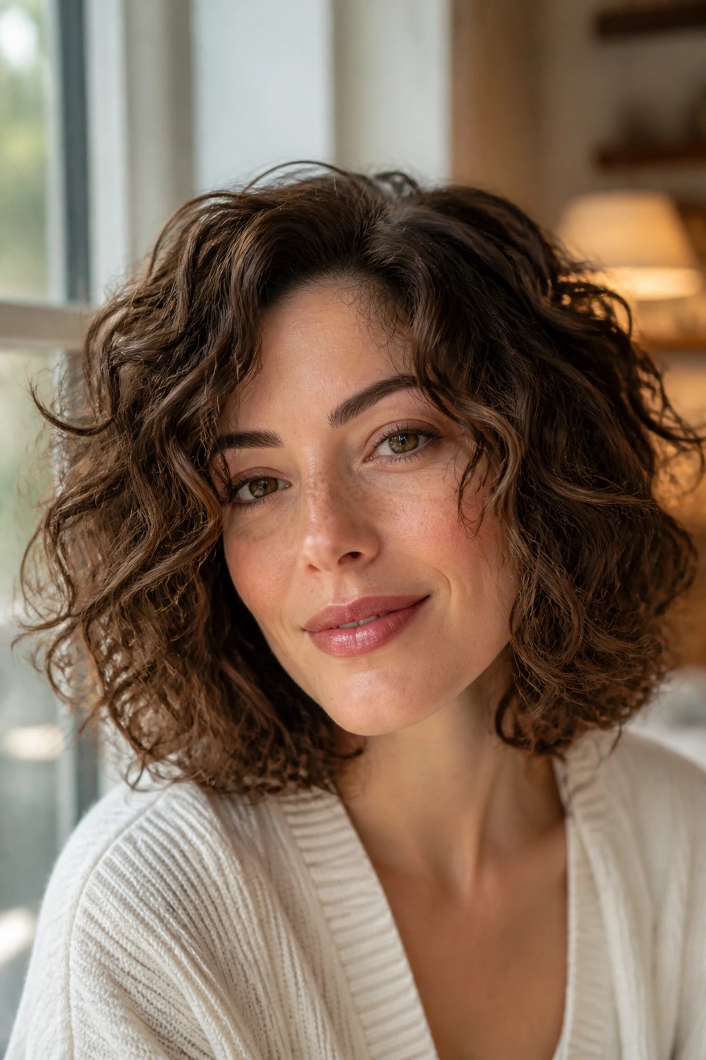 Close-up of a real woman with a long curly lob hairstyle in warm window light