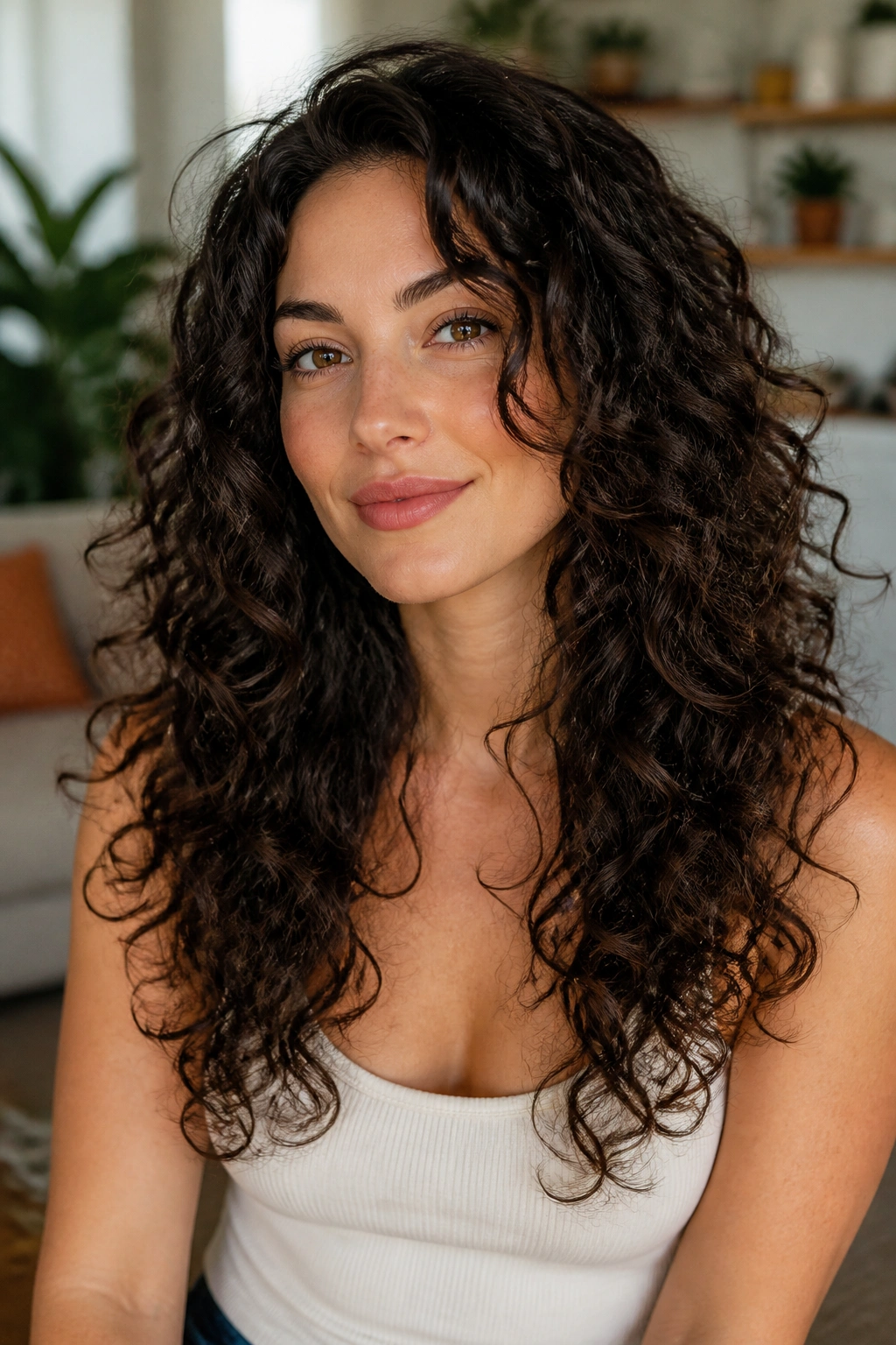 Real person with long curly layers and face-framing pieces in natural light.