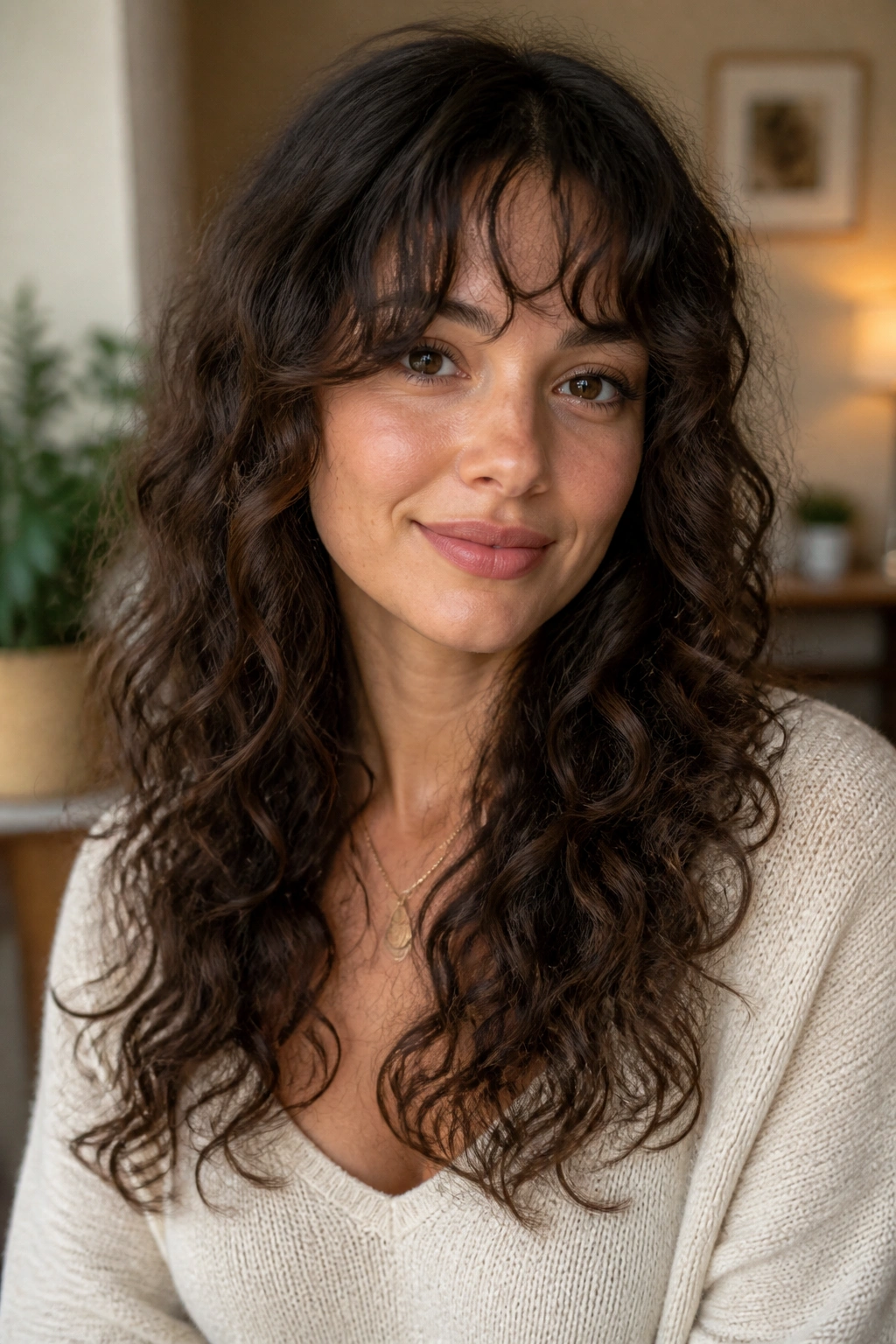 Close-up portrait of a real woman with long curly layers and soft everyday fringe