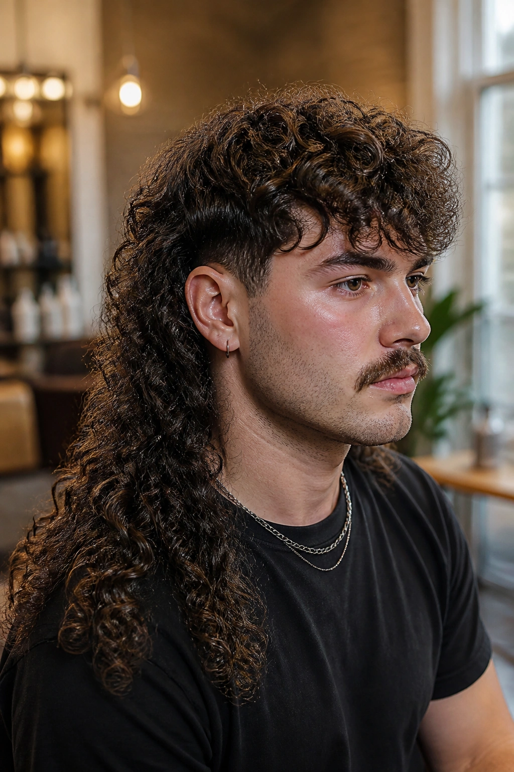 Close-up portrait of a real person with a long curly mullet and heavy back in a warm salon