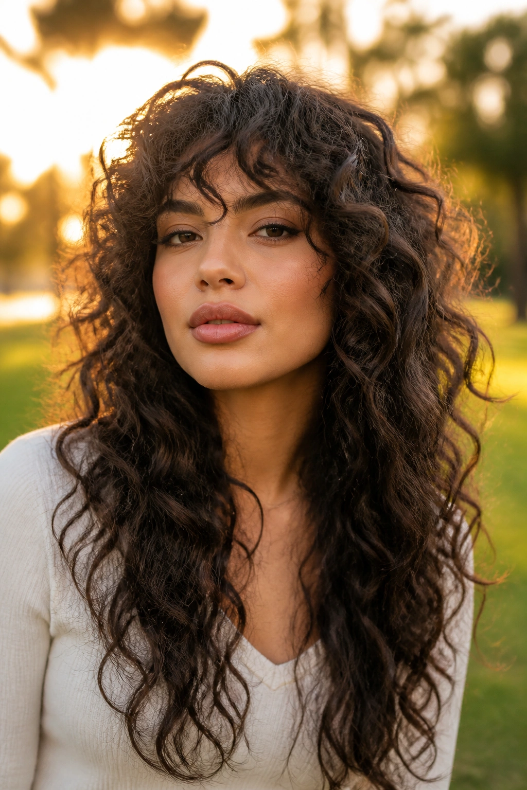 Portrait of woman with long curly shag and extended length in natural light