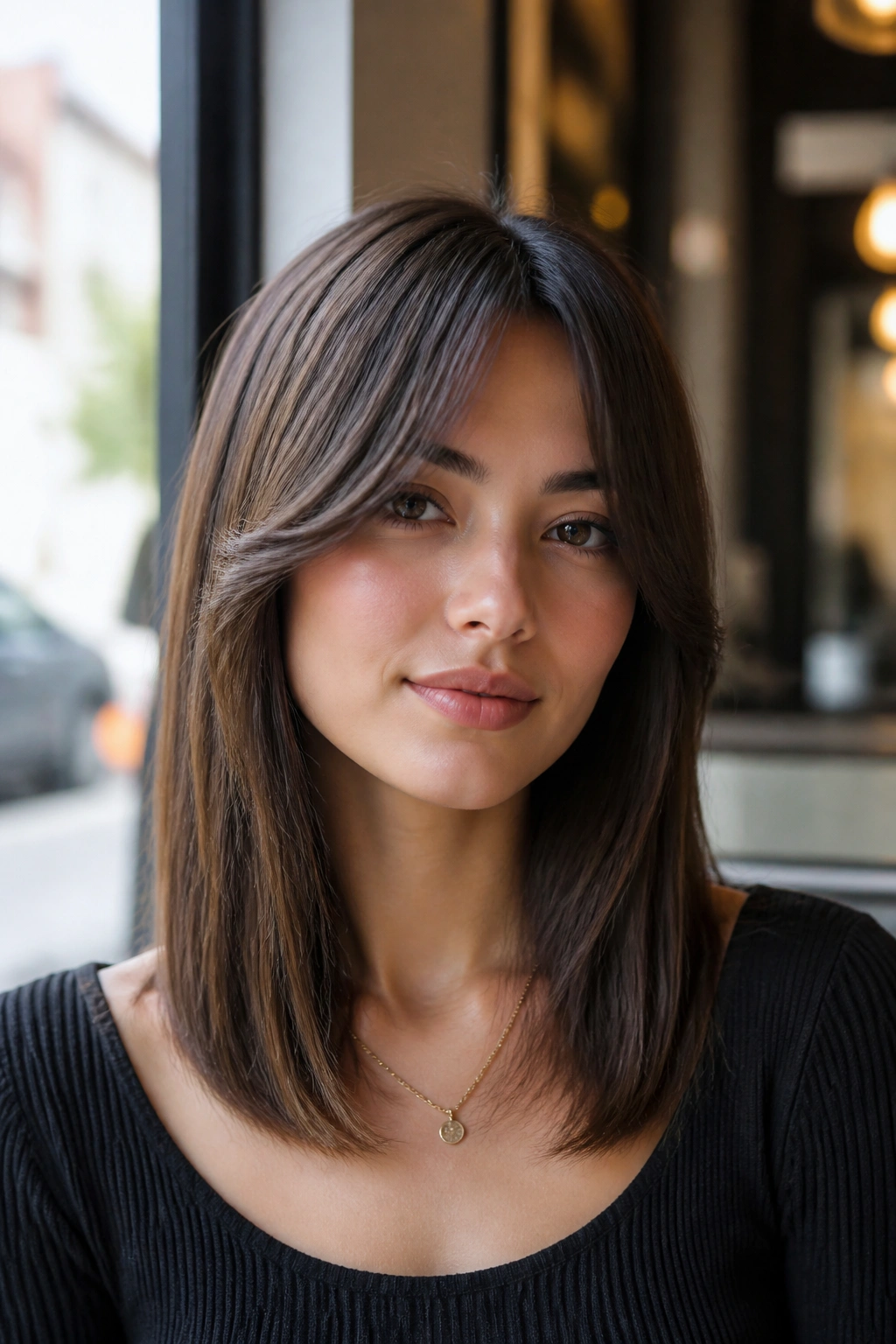 Close-up portrait of a real woman with long medium curtain bangs for straight hair.
