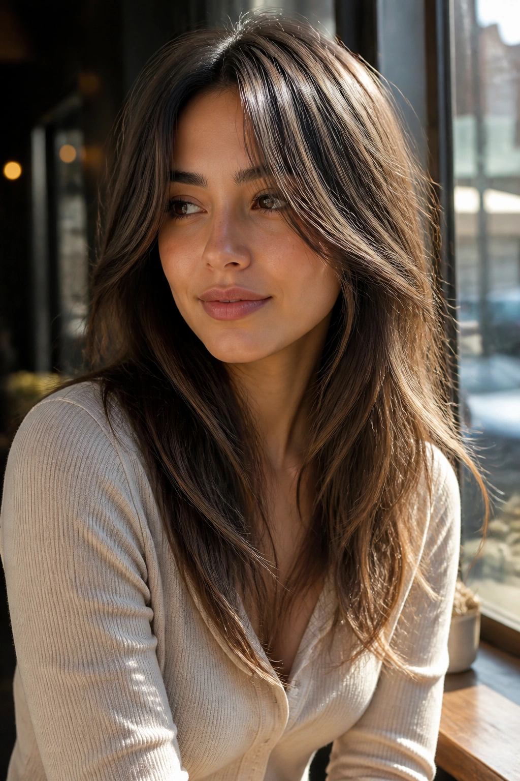 Close-up portrait of a real woman with long curtain bangs