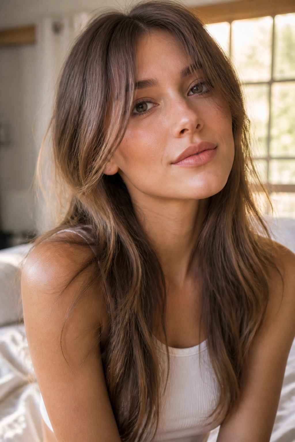 Close-up of a real woman with long curtain bangs slipping past the cheekbones in soft window light.