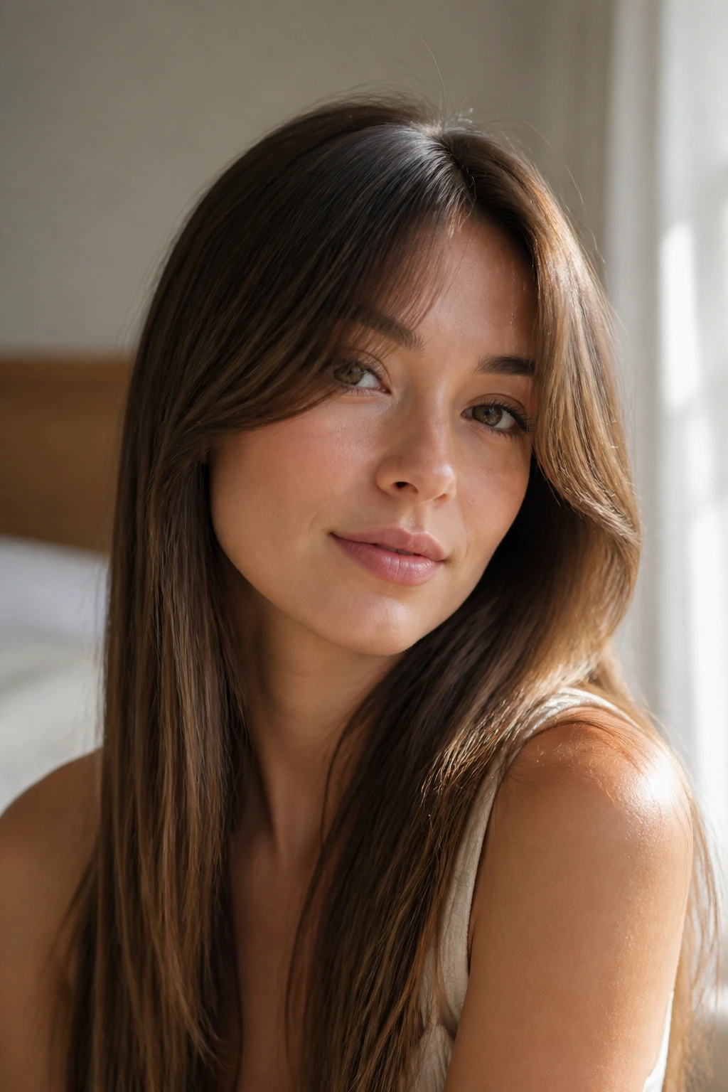 Medium close-up of a real person with long curtain bangs opening at center in warm light