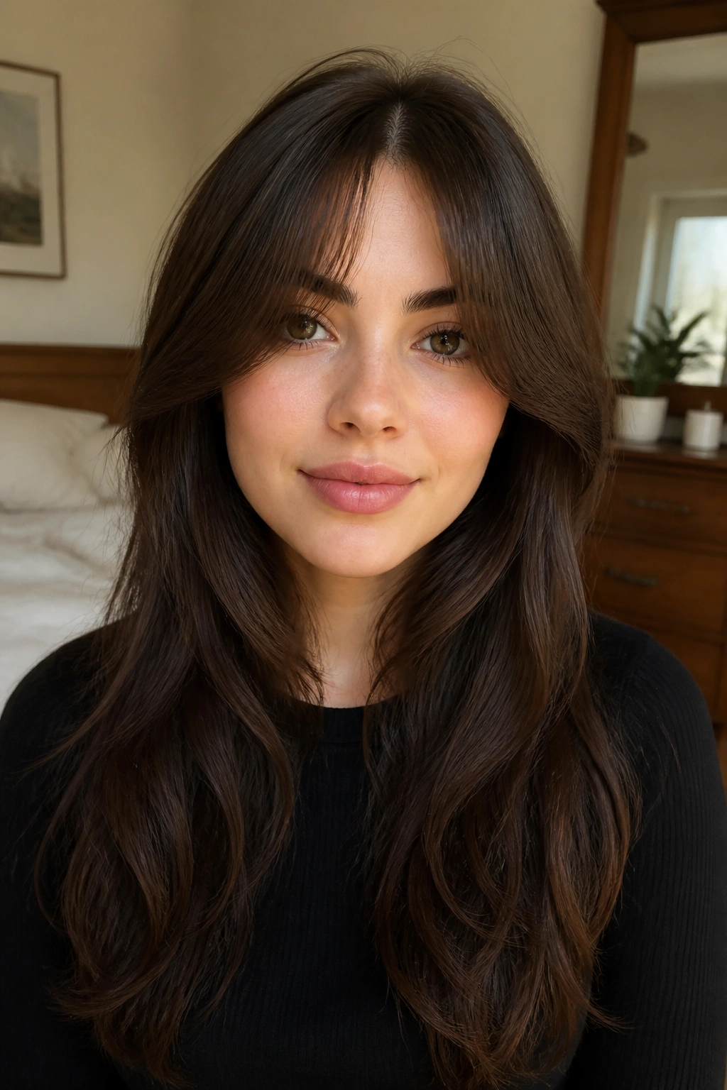 Close-up portrait of a real woman with long curtain bangs framing a round face in warm window light
