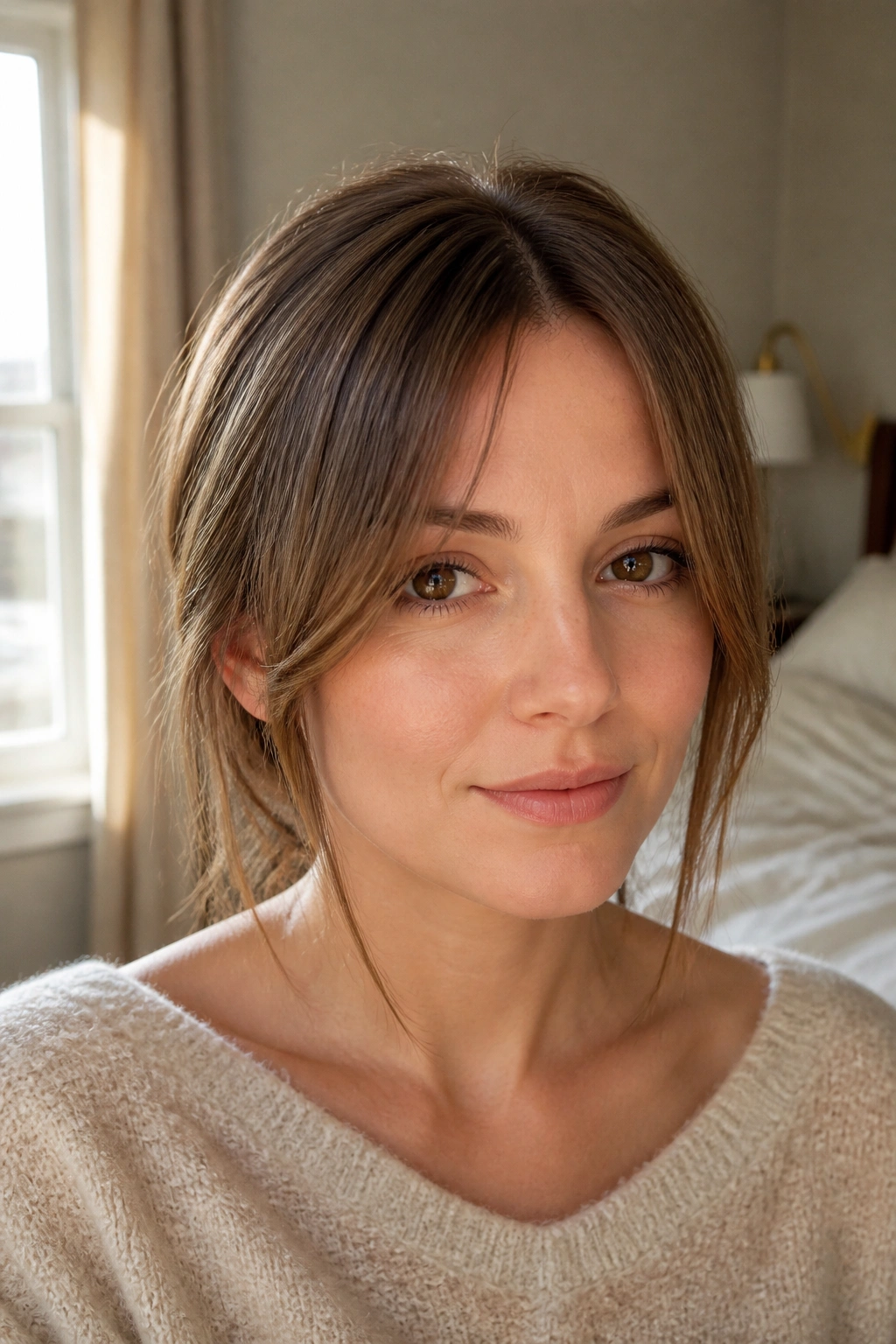 Close-up of a real woman with long curtain fringe opening the cheeks, natural window light
