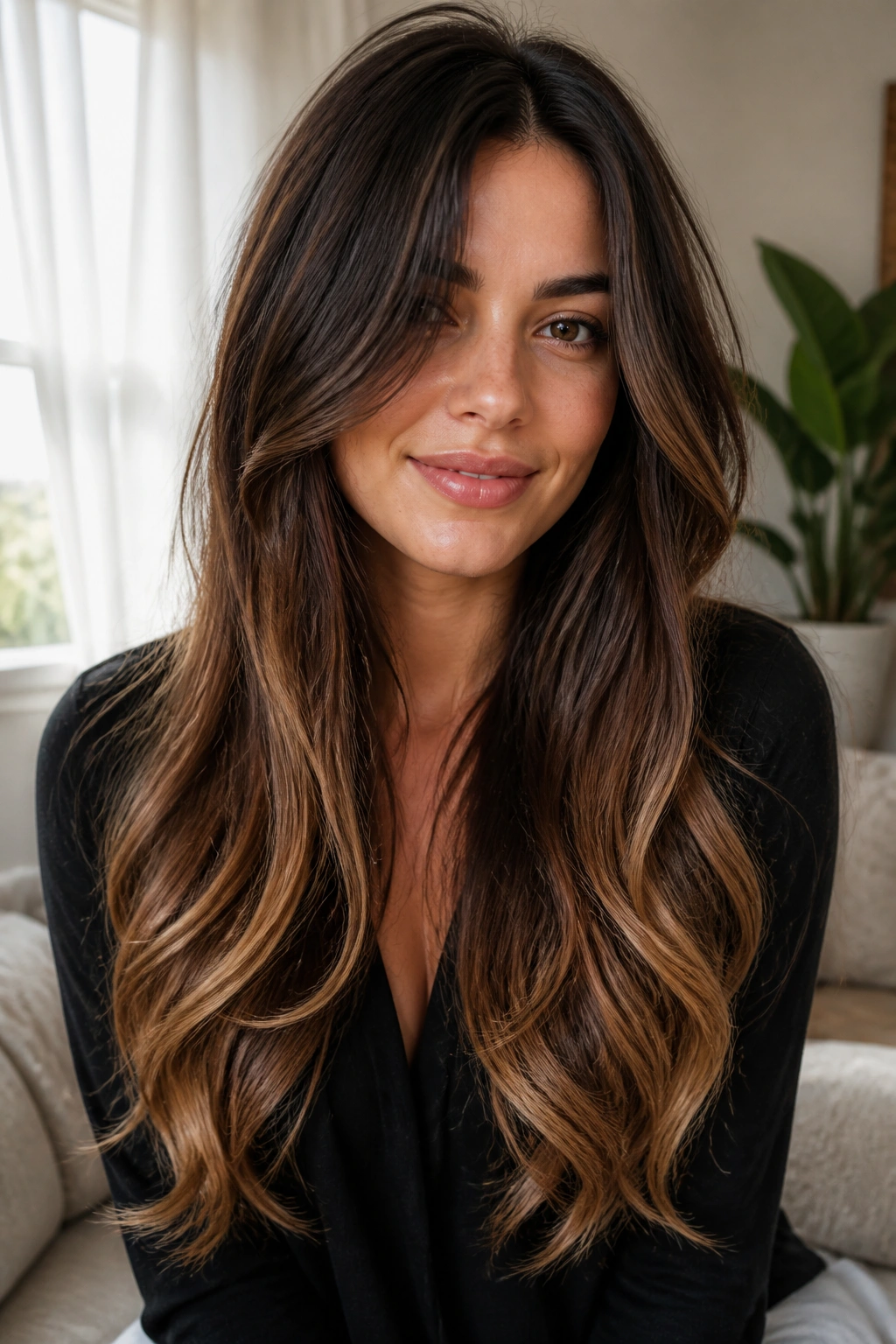 Close-up of a real woman with long curtain layers and honey ends