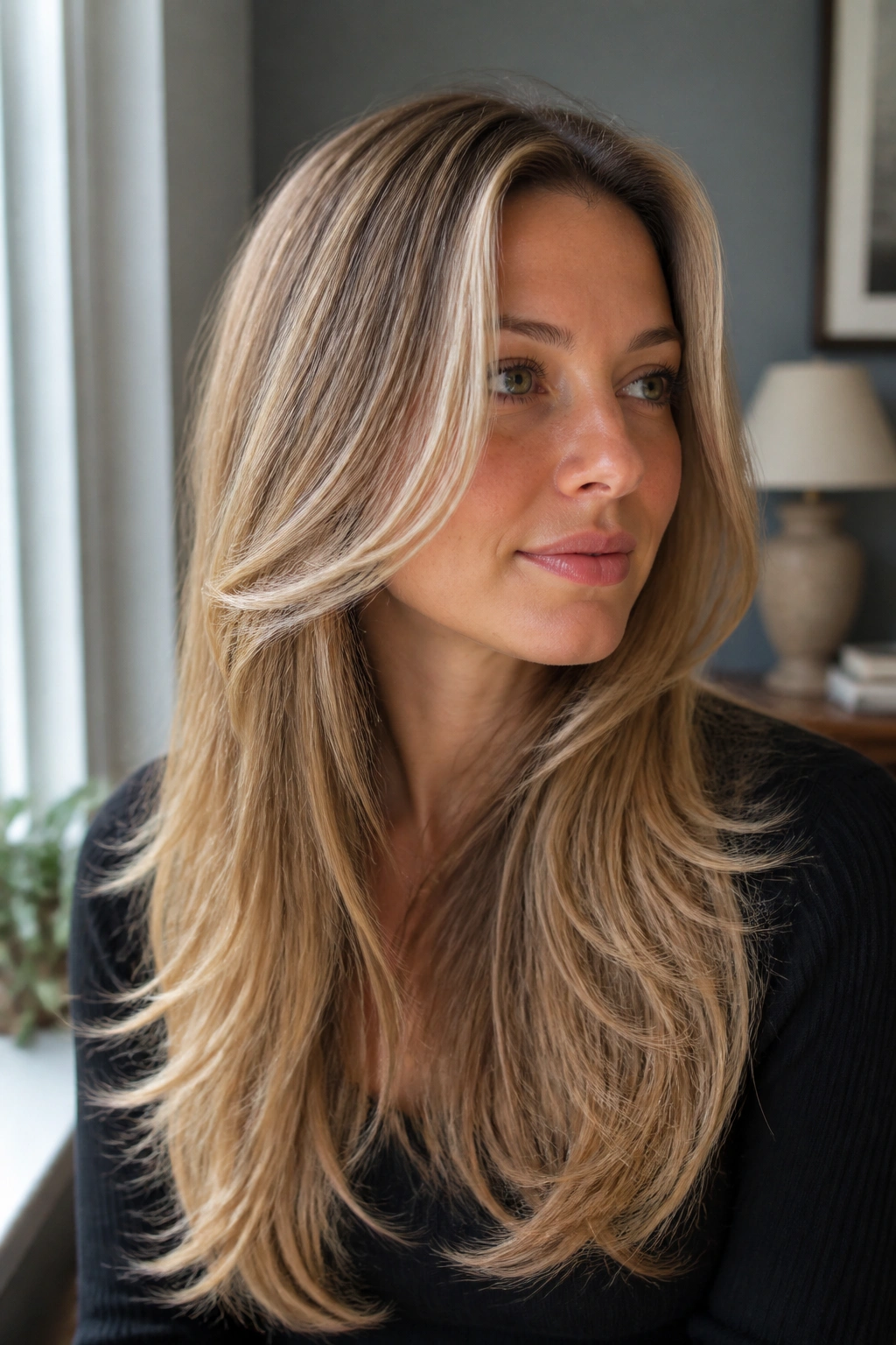 Portrait of a real woman with long curtain layers no fringe