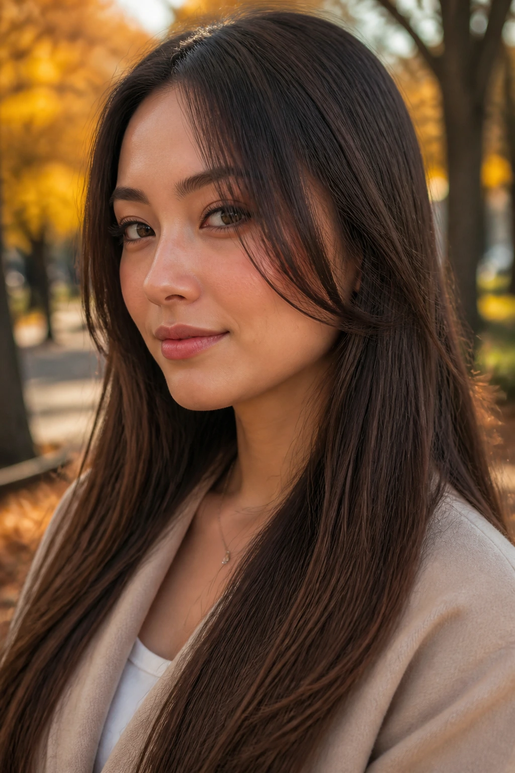 Close-up portrait of a real woman with cheekbone-grazing diagonal pieces in a long straight haircut.