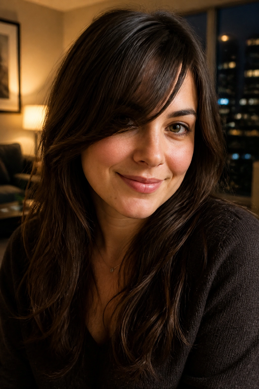 Close-up of a woman with long diagonal bangs and a soft bend.