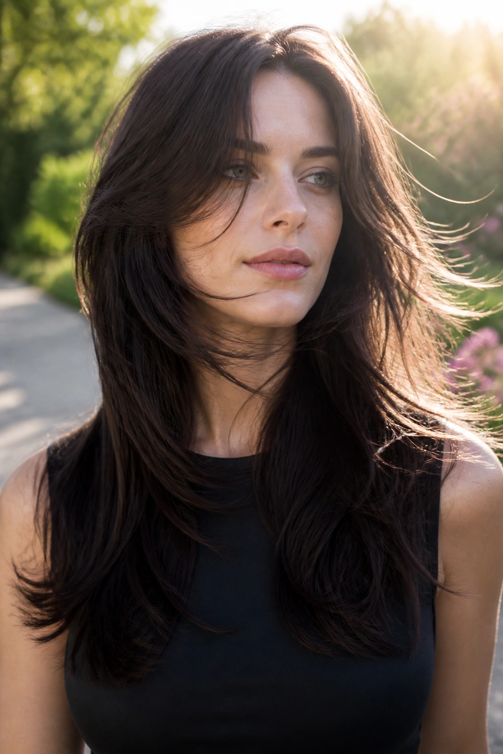 Woman with long espresso layered hair in motion