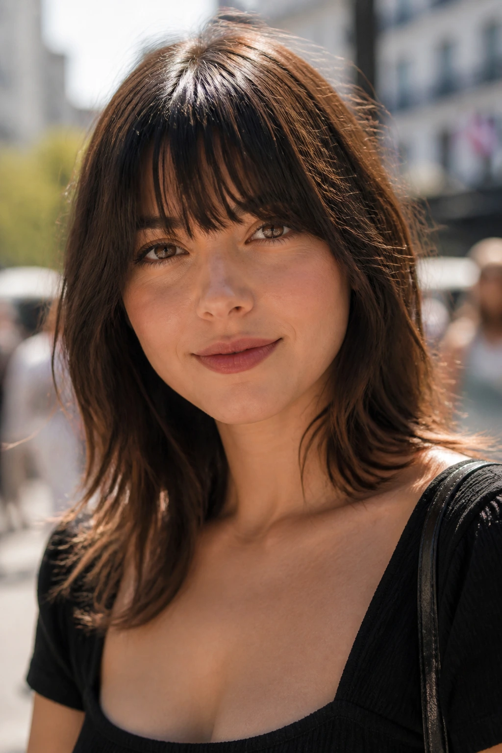 Close-up real-woman portrait with long eyebrow-grazing bangs.