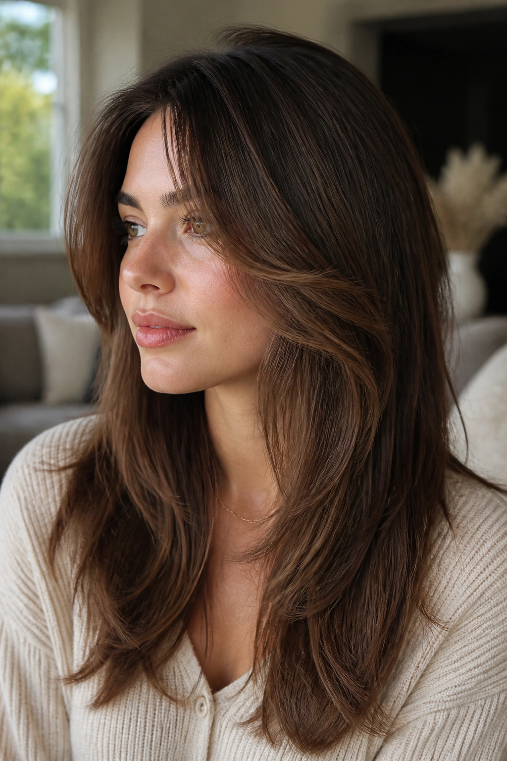 Portrait of brunette with long face-framing bangs blended into layers