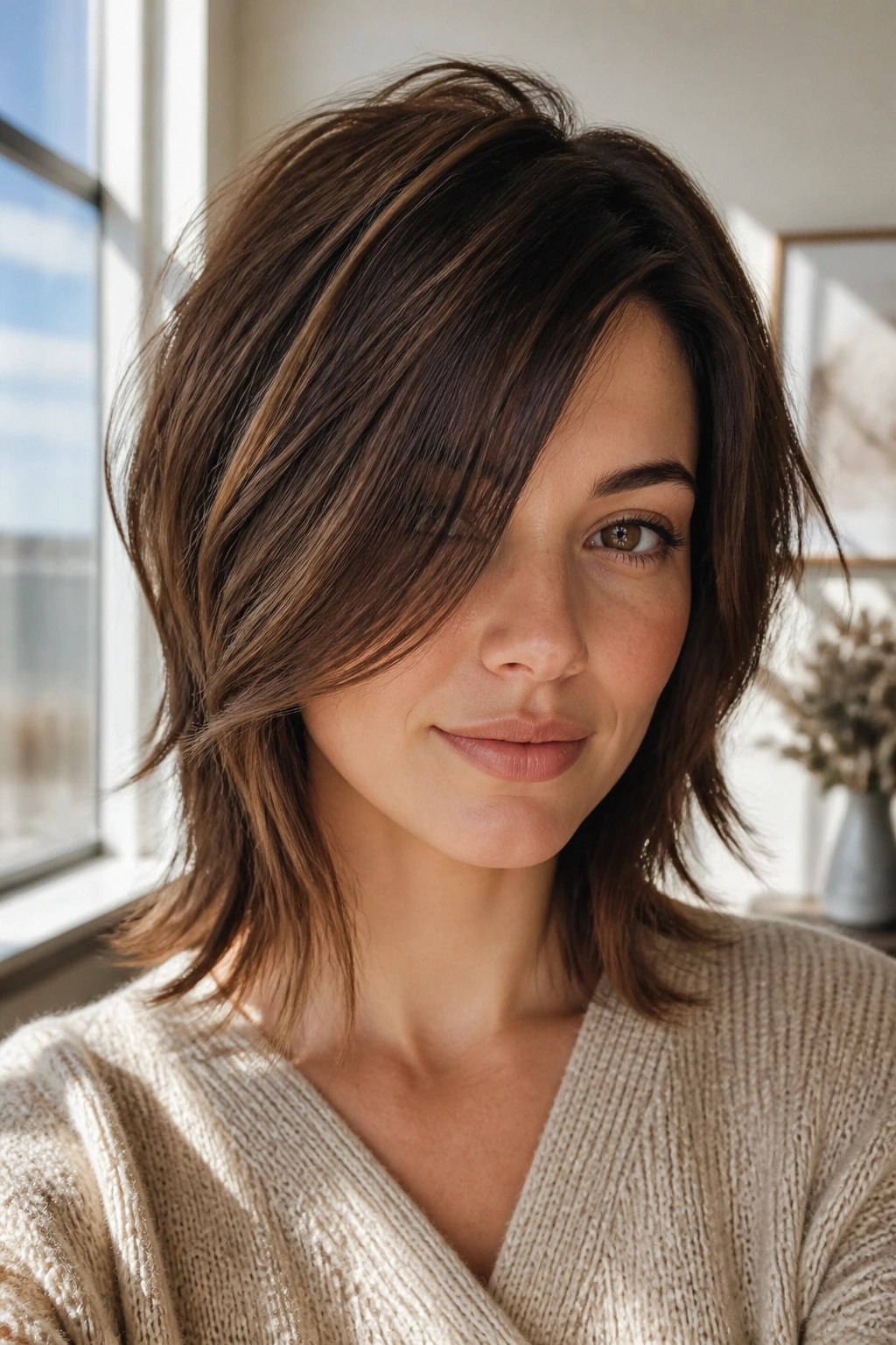 Portrait of a real woman with long face-framing side shag along the cheeks
