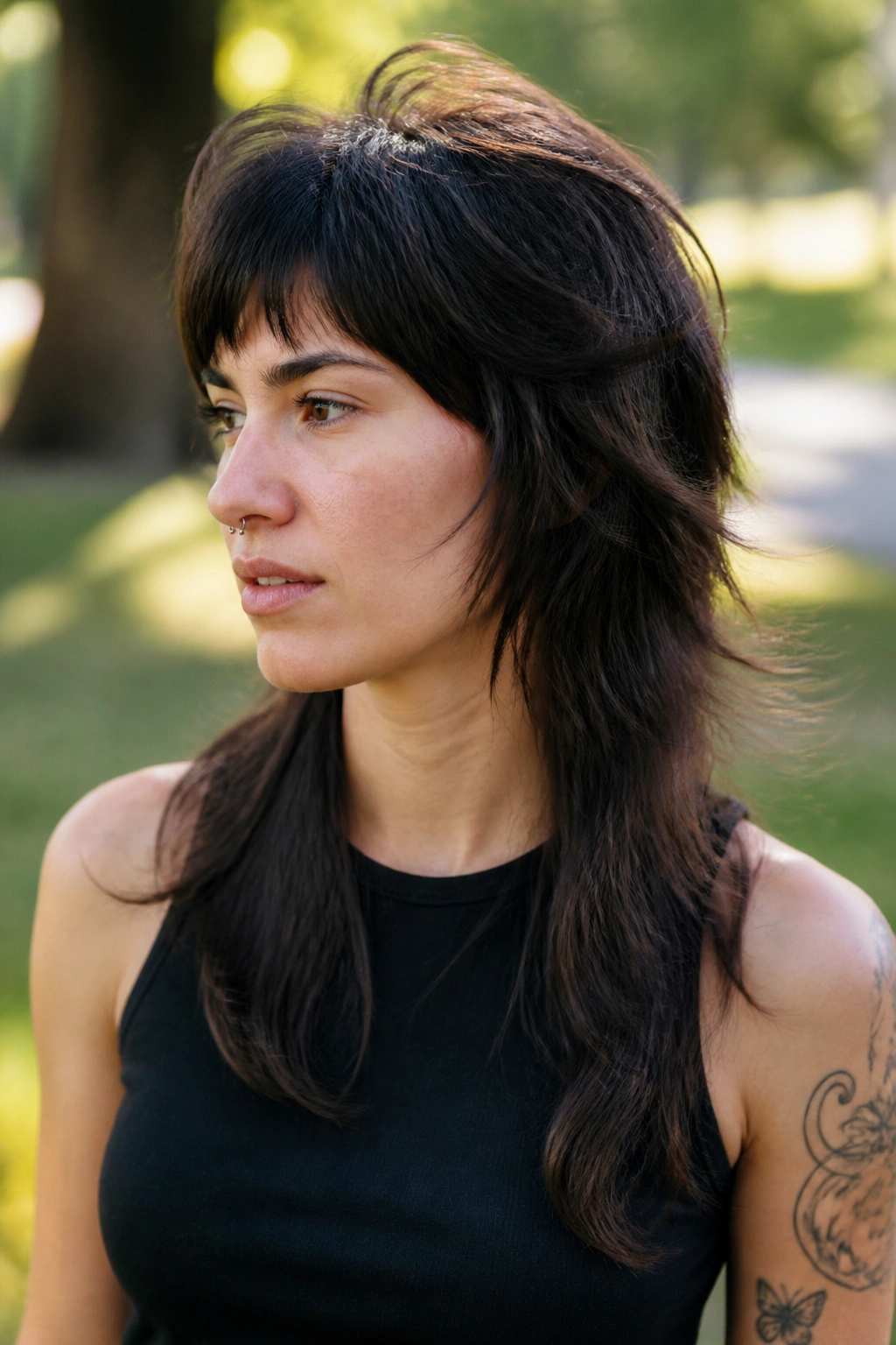 Real person with long fairy mullet and hidden layers in a park setting