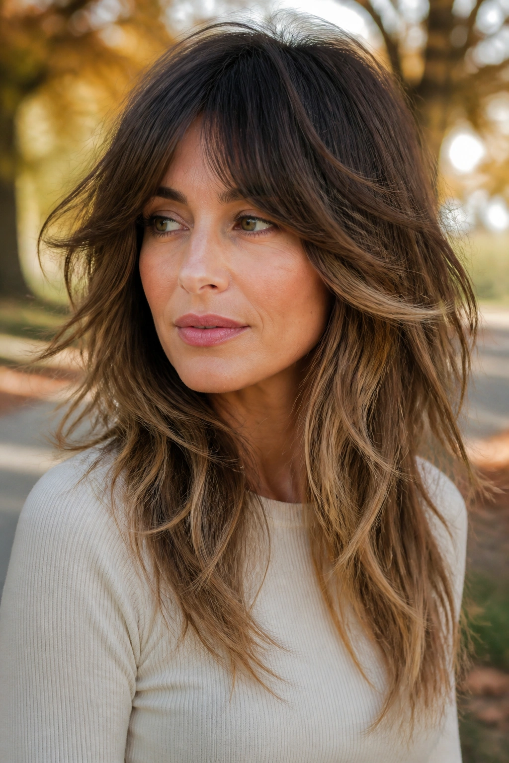 Portrait of a woman with long feathered boho shag in outdoor light