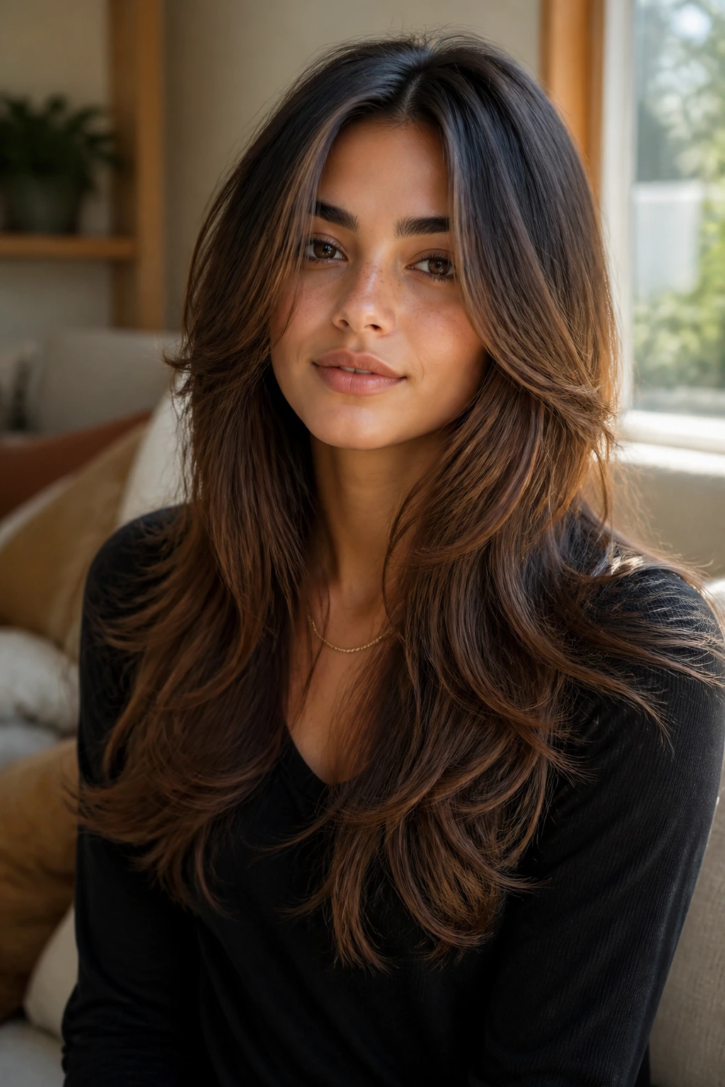 Real person with long feathered cut and cheekbone layers emphasizing facial contours.