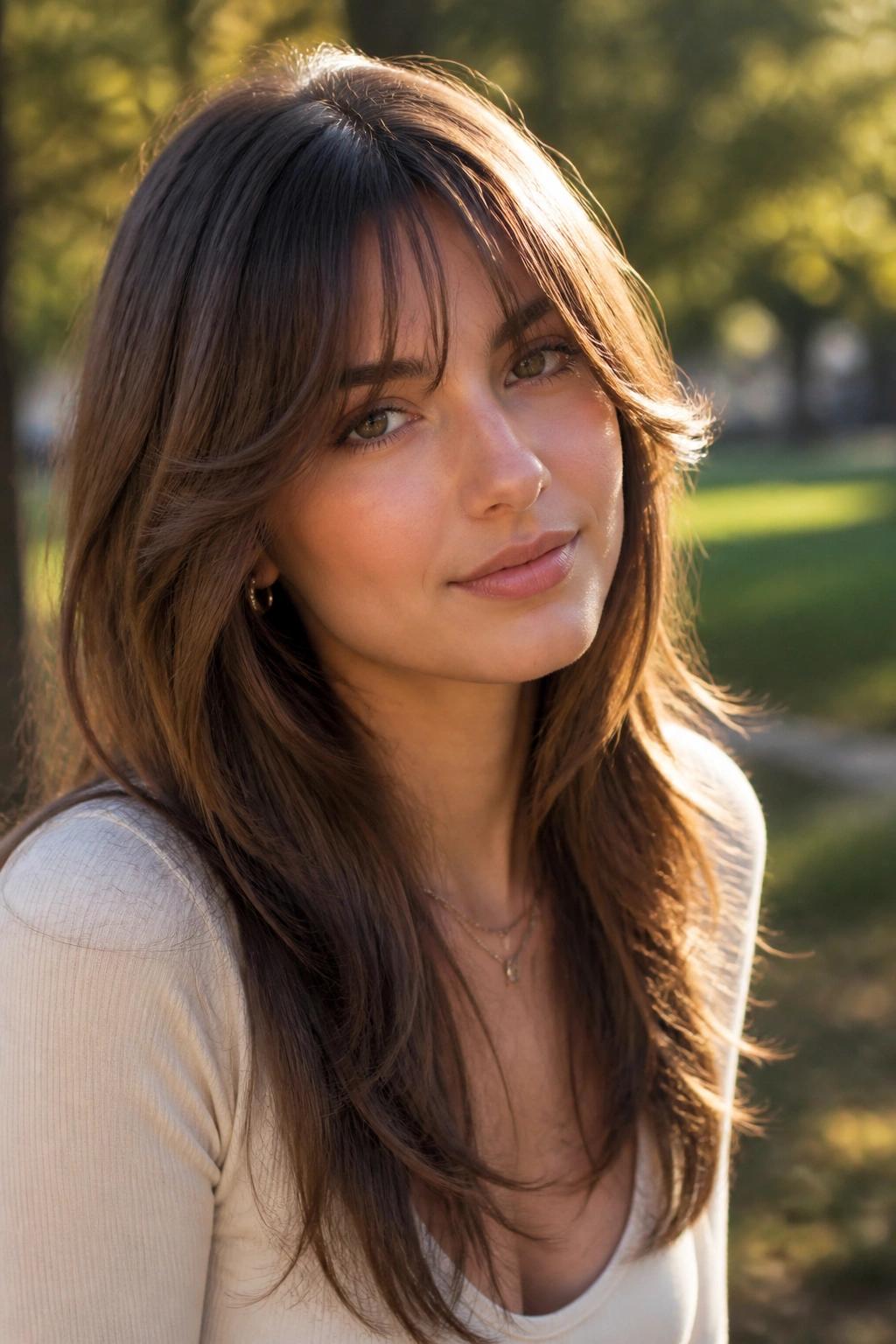 Close-up portrait of a real woman with long feathered fringe.