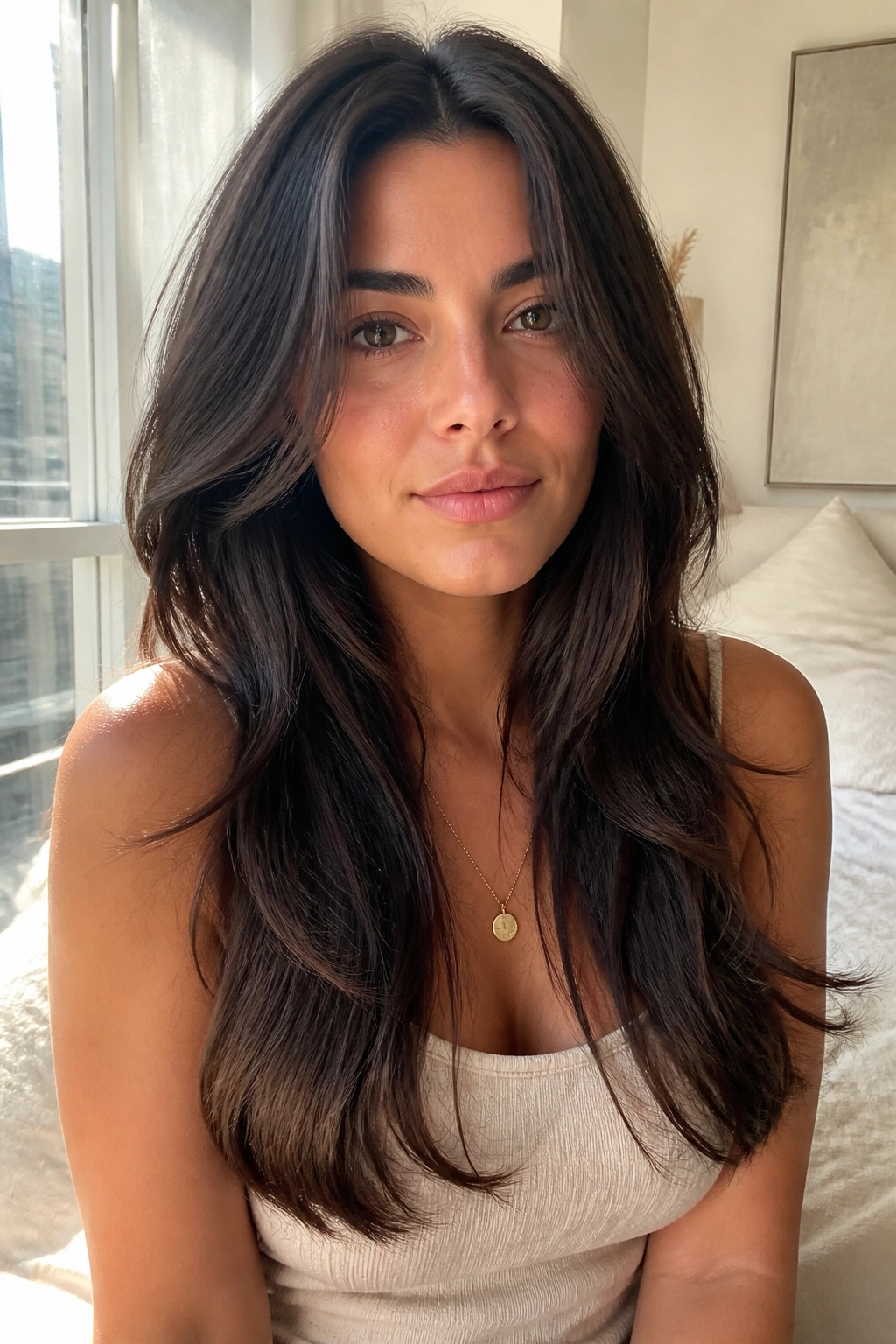 Close-up of a woman with long feathered layers and a center part in bright daylight.