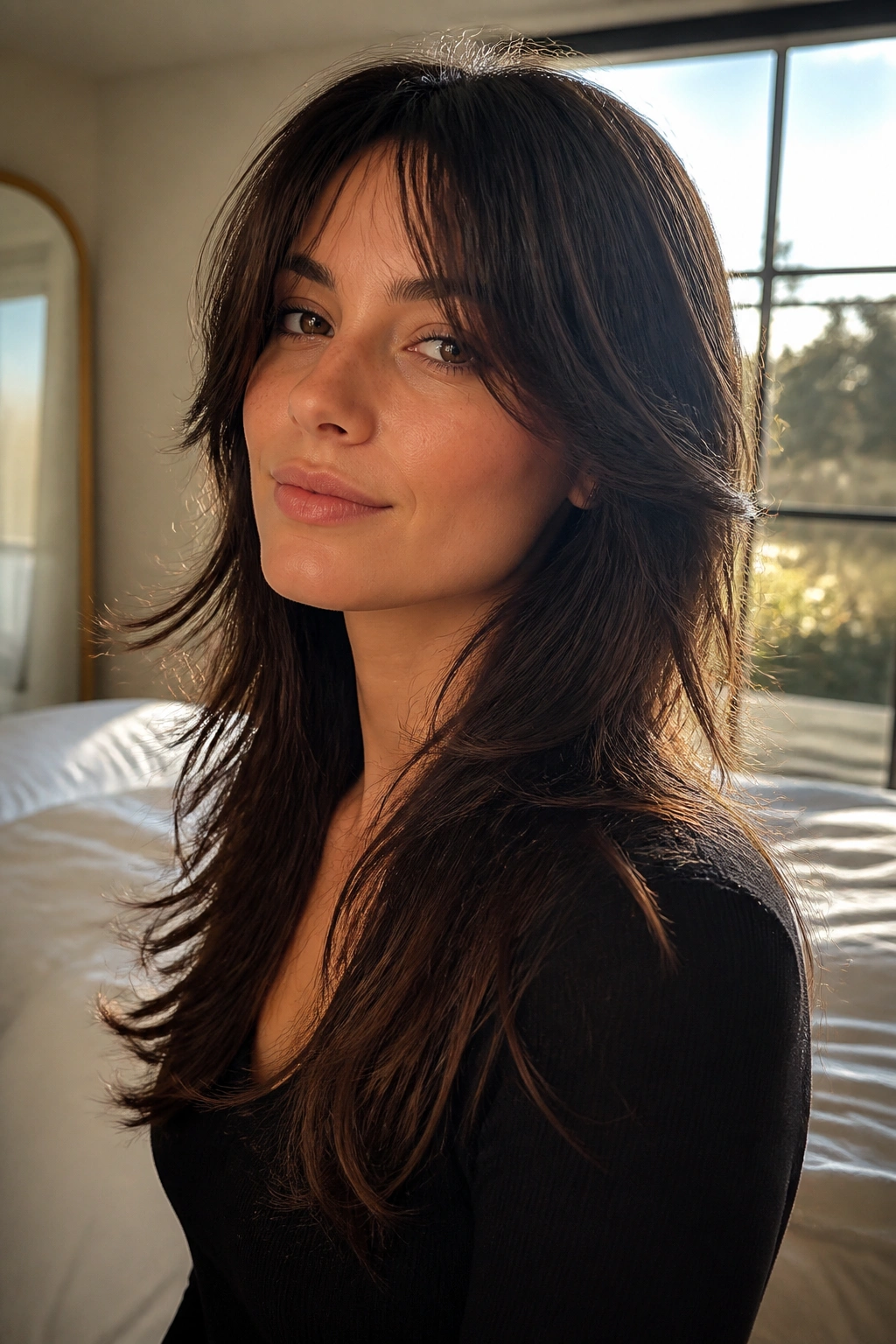Portrait of a real woman with a long feathered shag, feathered ends and soft face-framing layers in natural window light