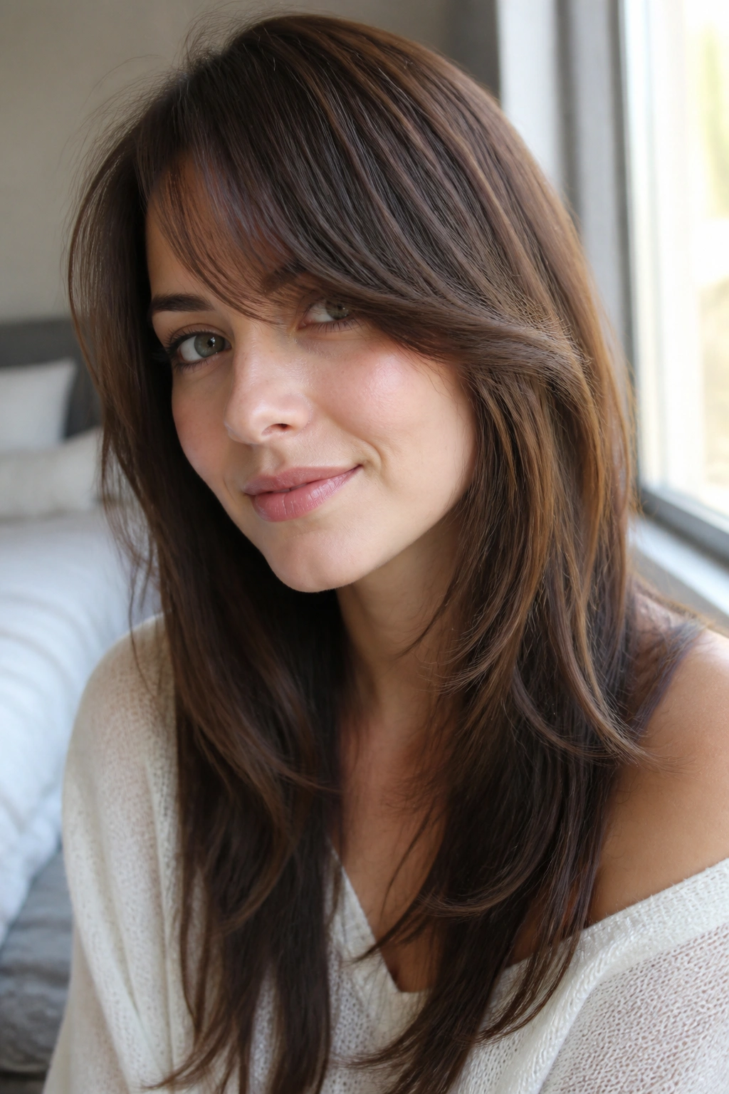 Close-up portrait of a real woman with long feathered side bangs framing the face
