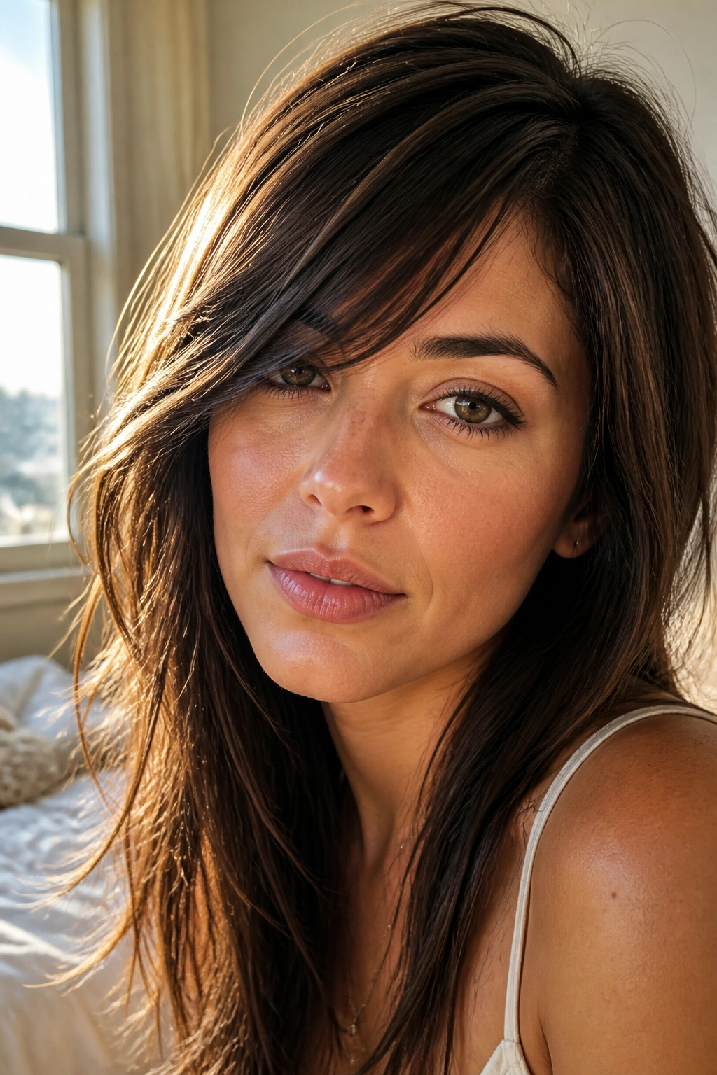 Close-up portrait of a real woman with a long feathered sweep fringe under warm window light