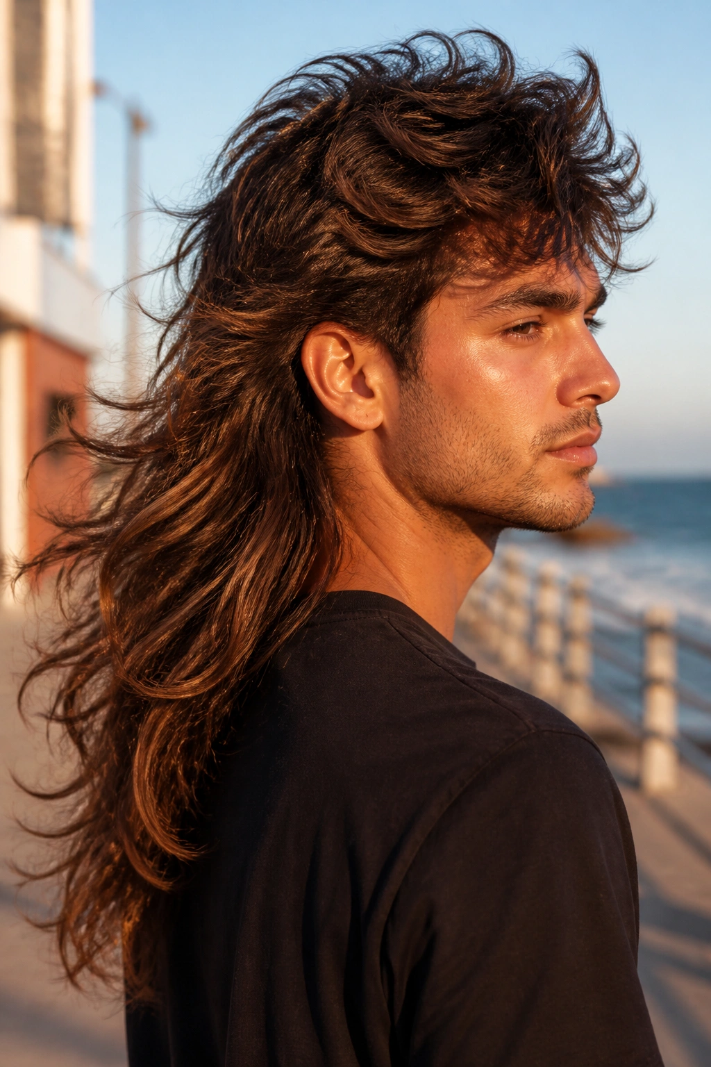 Close-up portrait of a real person with a Long Flow Mullet hairstyle, long flowing back.