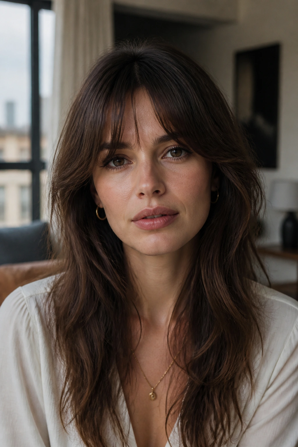 Close-up of a real woman with long French bangs and a soft bend in a chic apartment