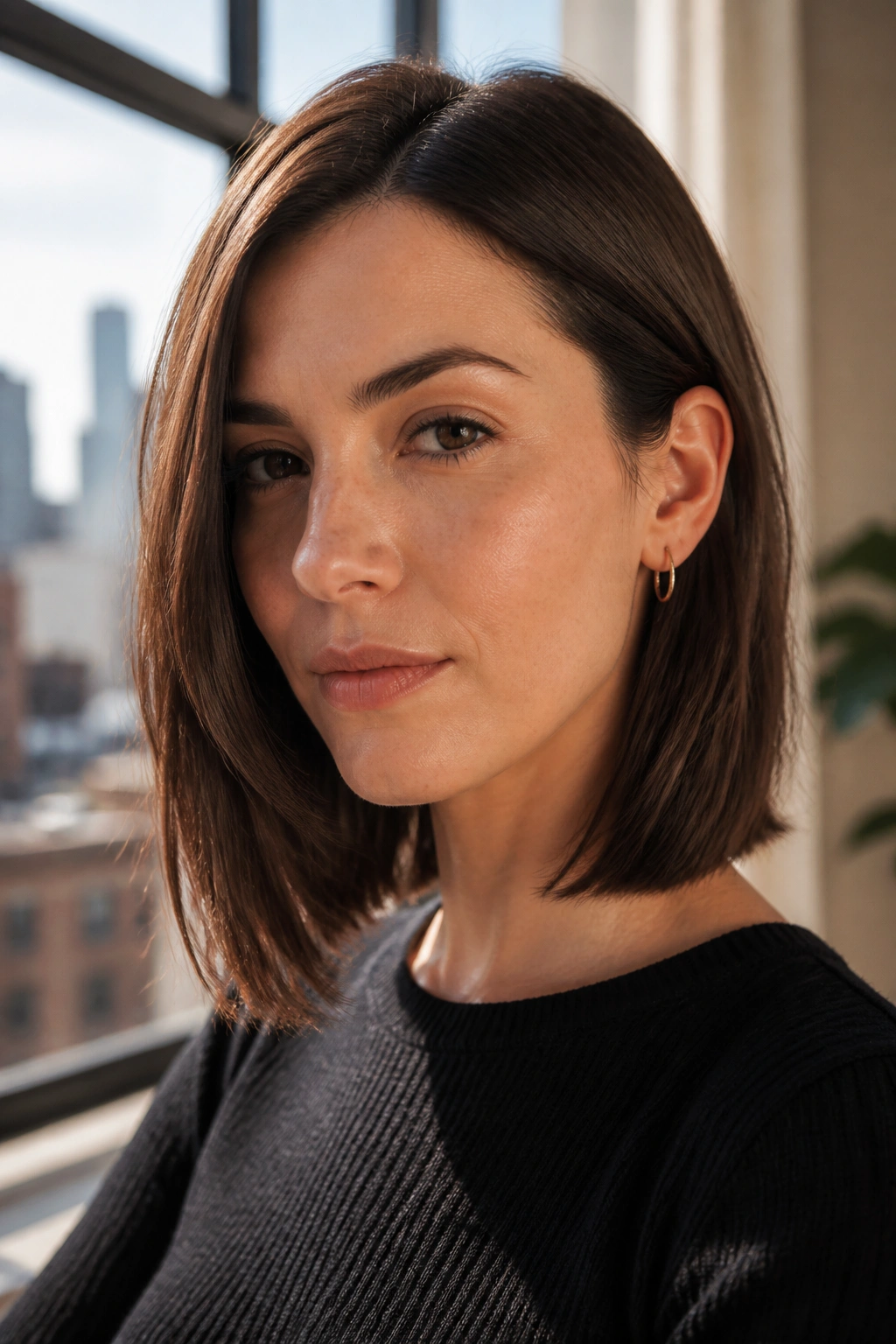 Close-up of a real woman with a long French bob showing shoulder-length hair and blunt edge