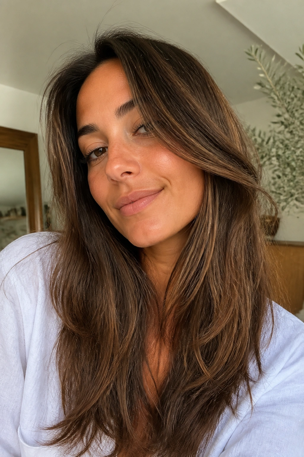 Close-up of a real woman with long French layers starting below the cheekbone