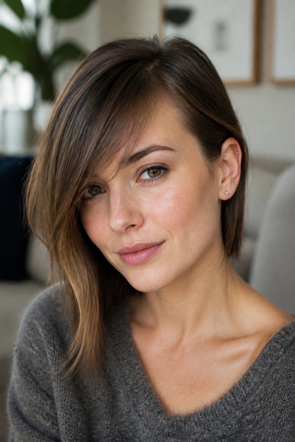 Close-up portrait of a real woman with a long fringe tucked behind one ear