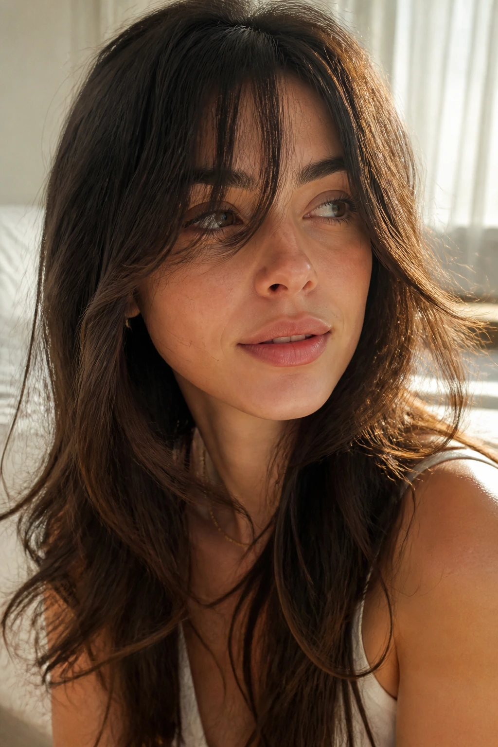 Close-up portrait of a real woman with long fringe bend and movement