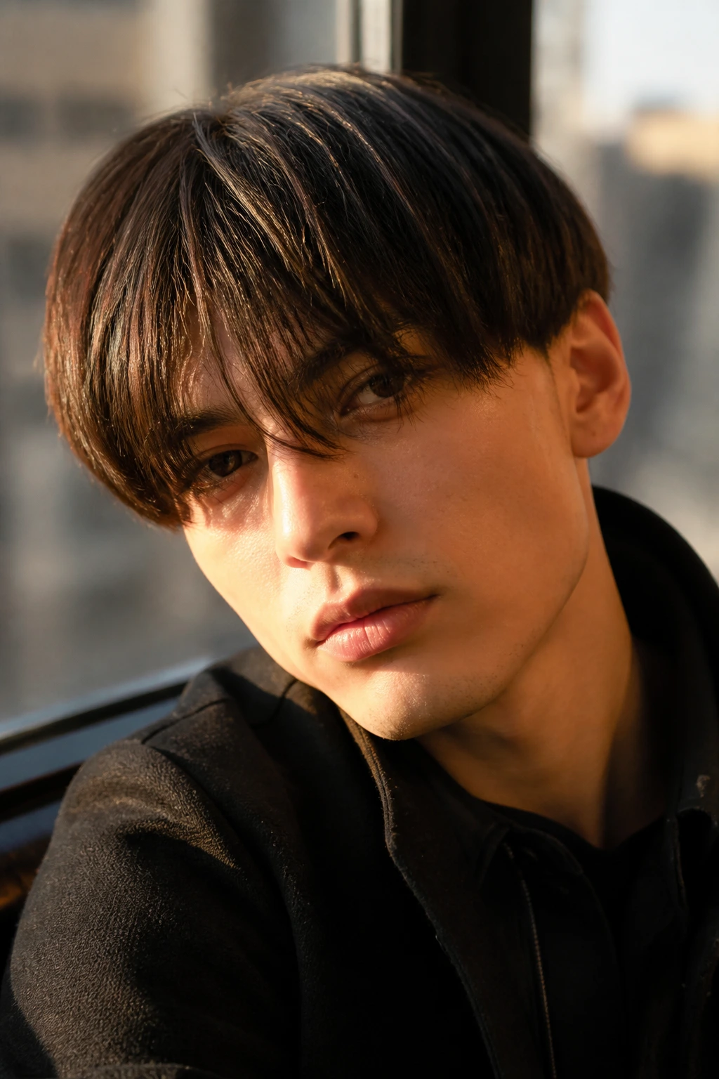 Close-up portrait of a real person with a long fringe bowl cut where fringe reaches between brow and lash line
