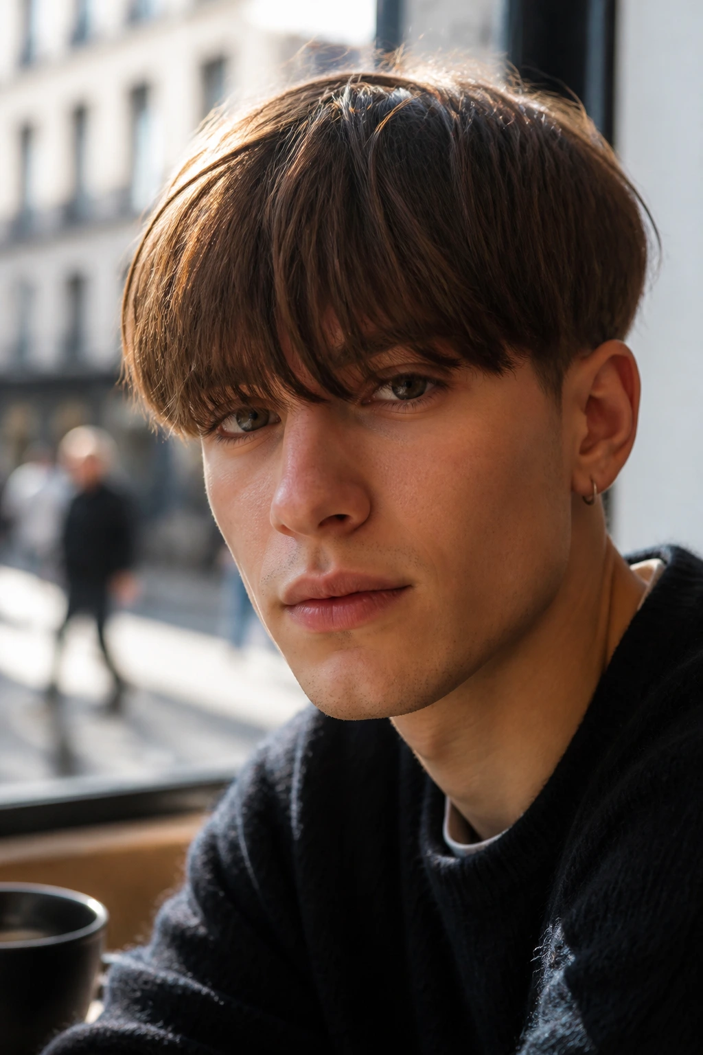 Close-up portrait of a real man with long-fringe bowl cut in a cafe window light setting