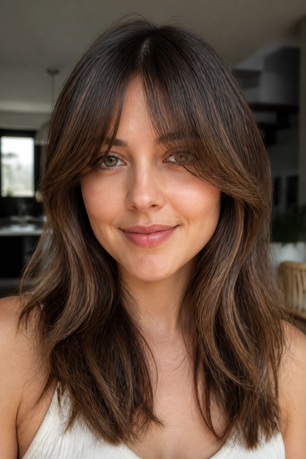 Close-up portrait of a real woman with a long fringe and center bend.