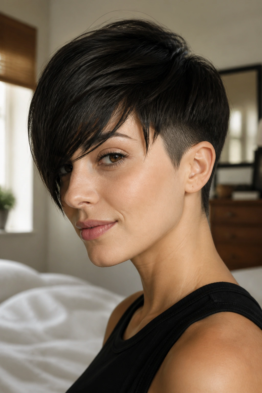 Close-up portrait of a real woman with a long fringe and tight nape in warm window light