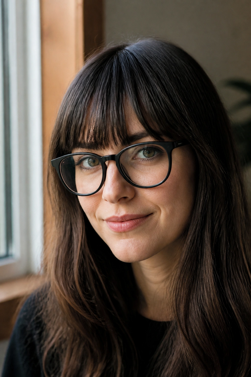 Real woman in glasses with long fringe above frames.