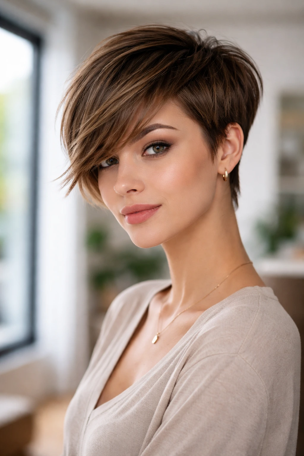 Real woman with long fringe pixie and short back in bright home setting