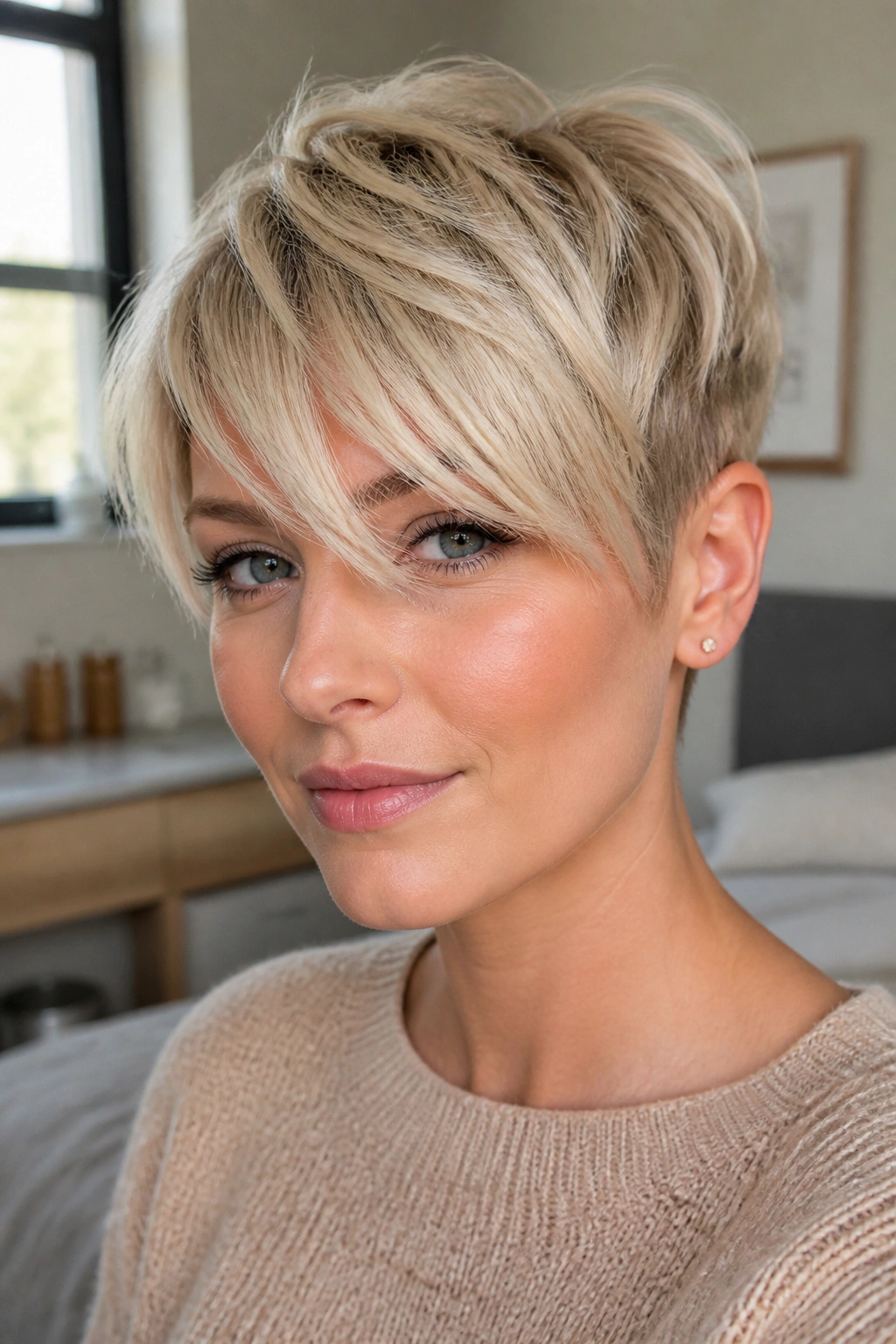 Close-up of a real woman with long fringe blonde pixie and fringe between brows.