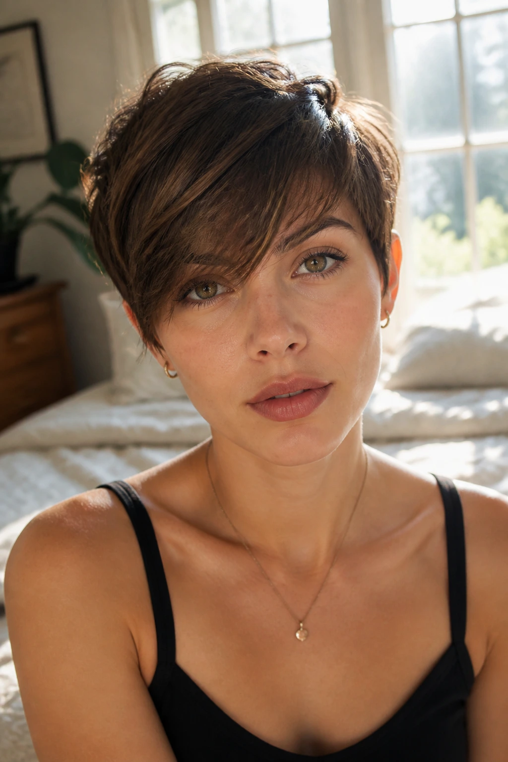 Portrait of a real woman with long fringe pixie hairstyle in warm window light