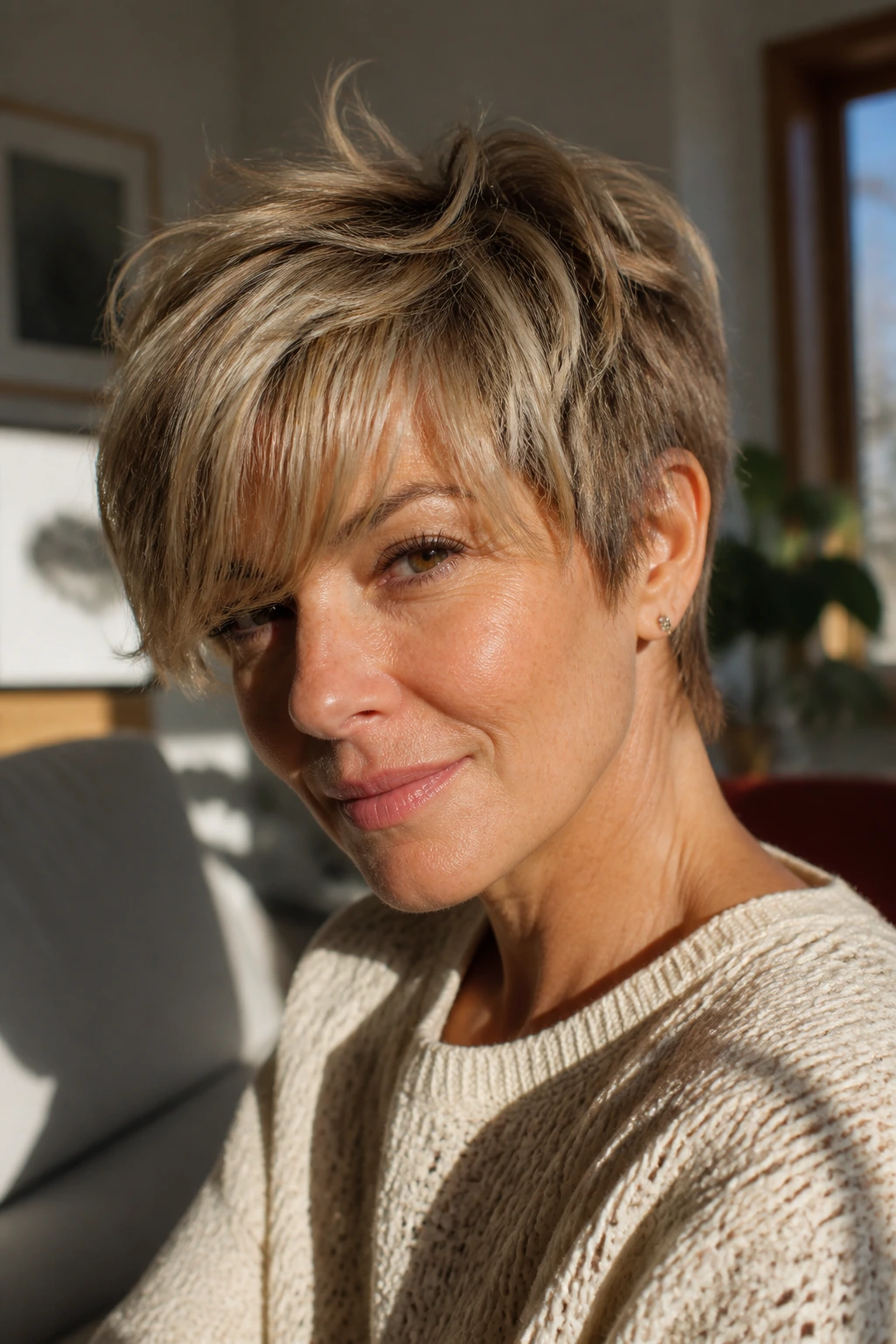Close-up portrait of a real woman with long fringe pixie shag hairstyle